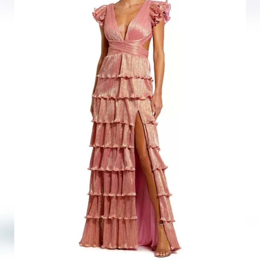 Mac Duggal Ruffle Tiered Criss Cross Lace Up Gown